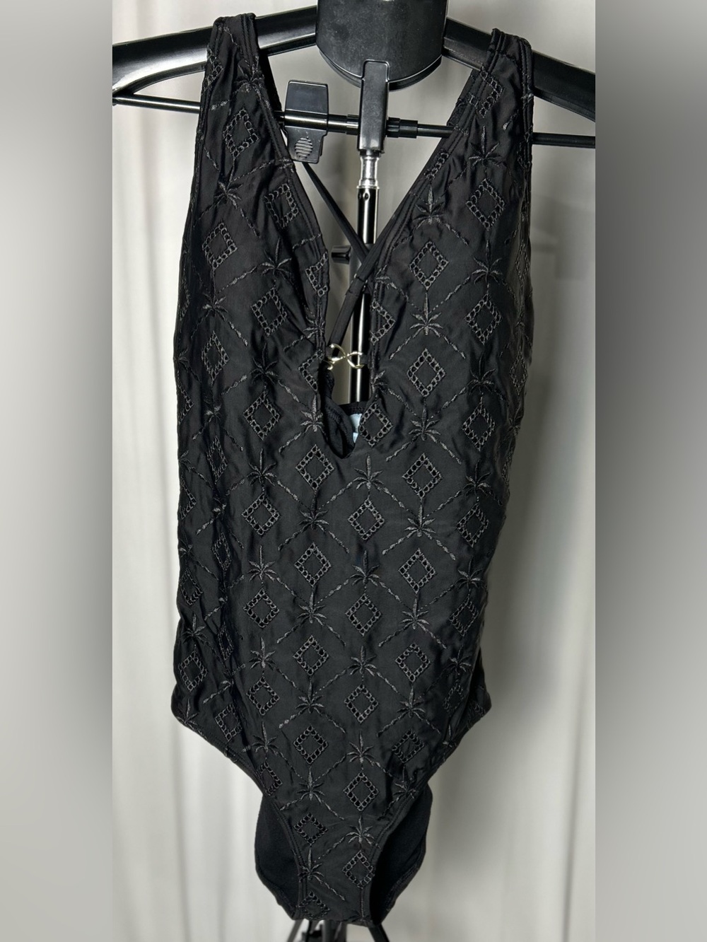 Shade & Shore Black Embroidered V-Neck One-Piece Swimsuit